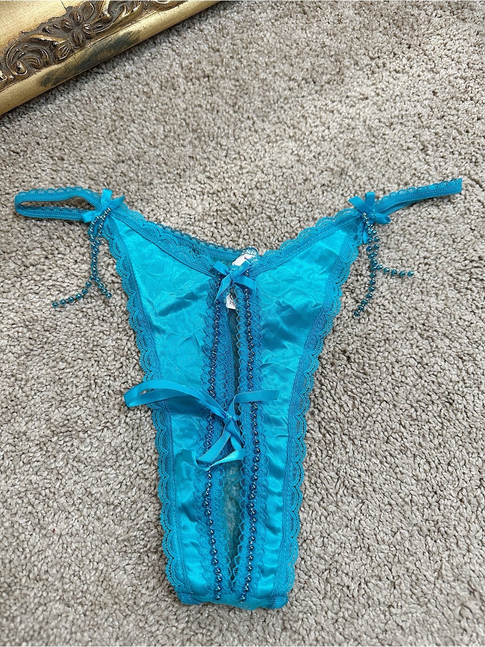 New Vintage Frederick's Of Hollywood Made in USA Bright Blue Beaded Thong
